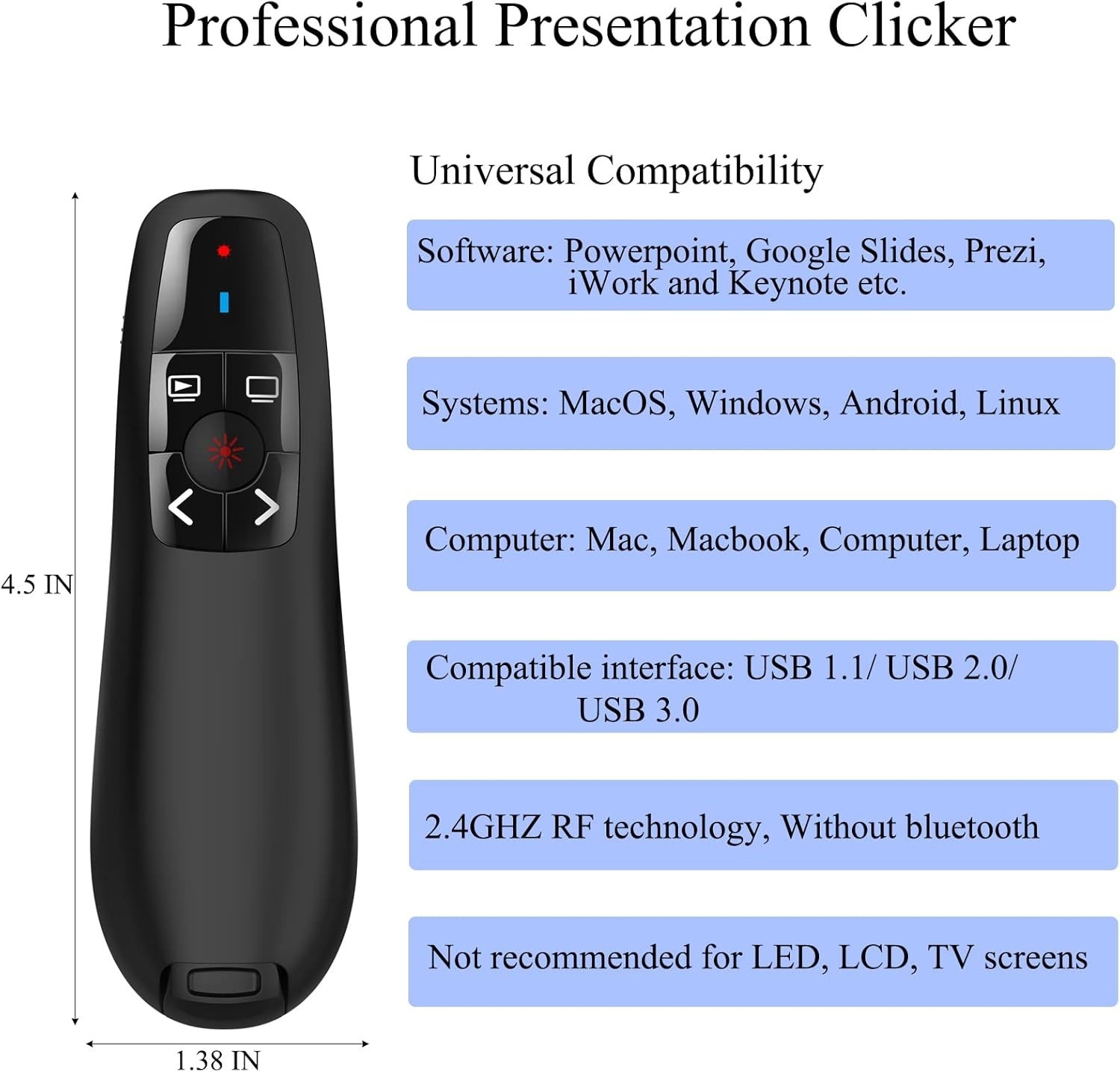 Wireless Presentation Clicker: 100ft Range & 656ft Red Pointer for Professionals