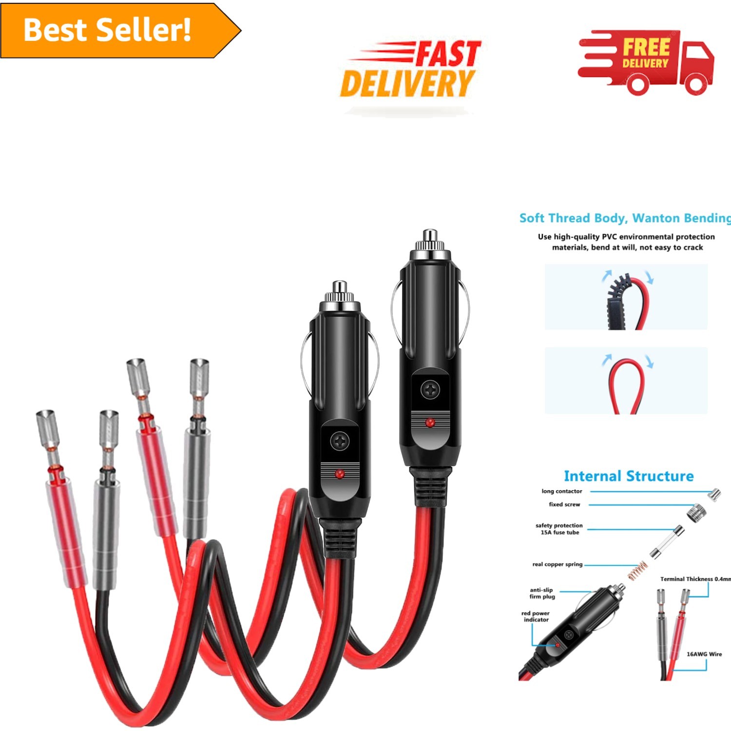 Dual Pack Heavy Duty Cigarette Lighter Plugs for Car Accessories - Easy Install