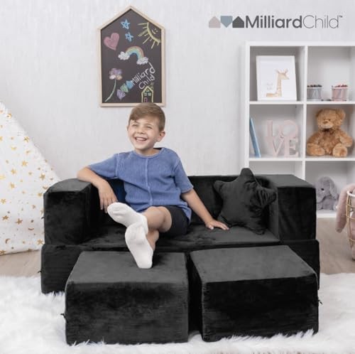 Kids Couch - Modular Kids Sofa for Toddler and Baby Playroom/Bedroom Black