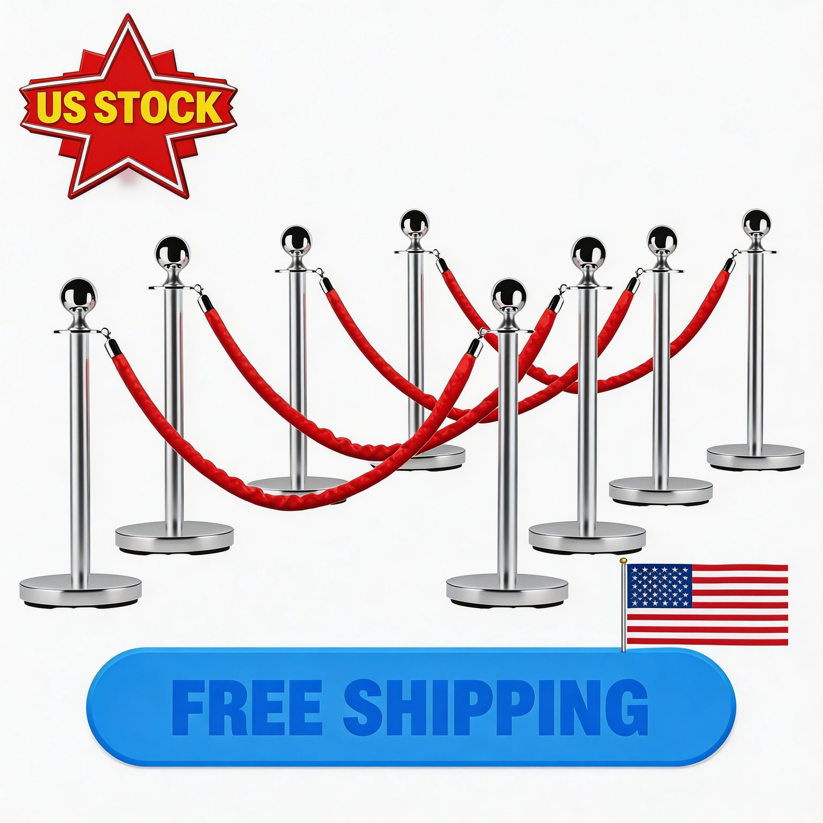 FT Stainless Steel Crowd Control Stanchion Set - Rope & Pole Barriers 5 4PCS