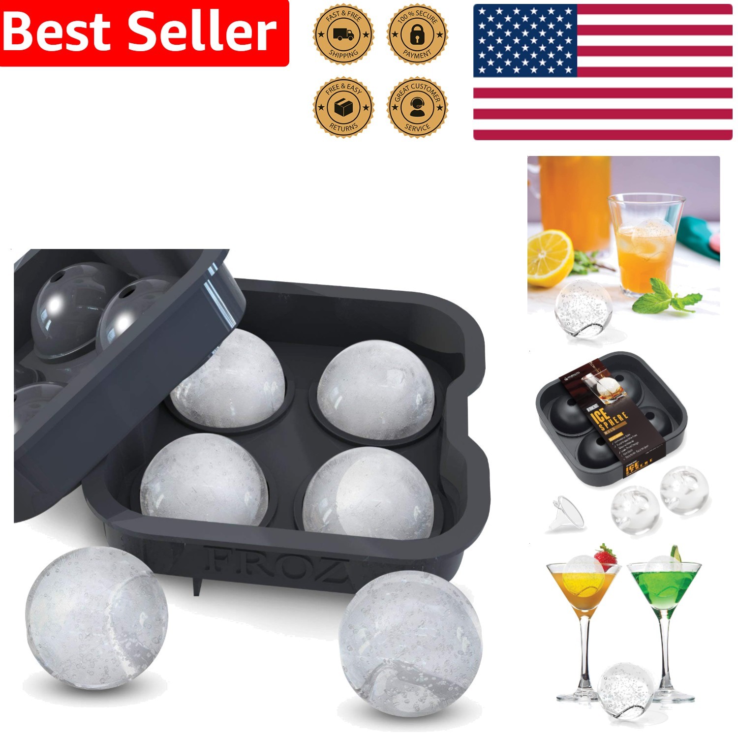 Durable FROZ Ice Ball Maker Tray 4.5cm Spheres BPA Free Silicone Dishwasher Safe