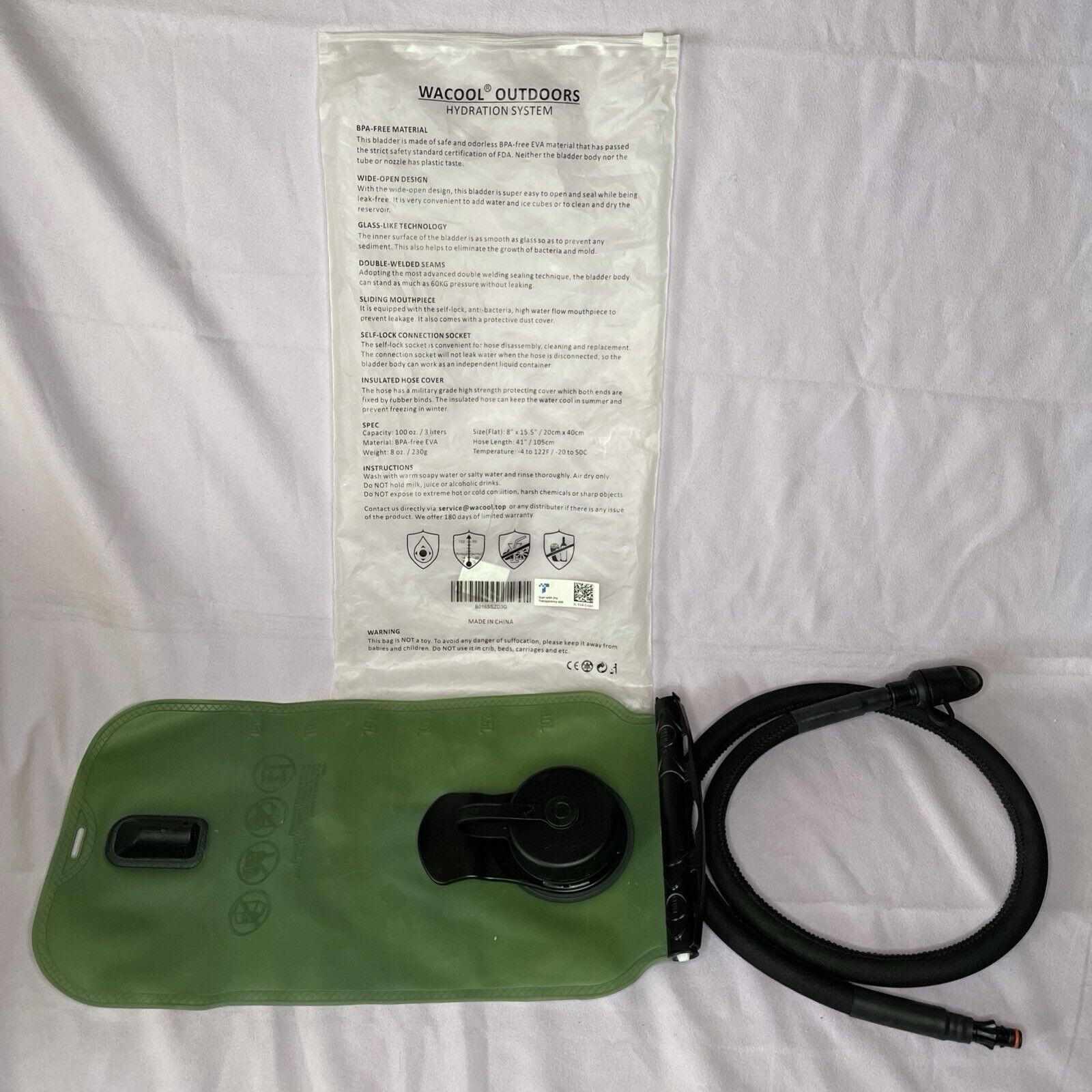 WACOOL 3L 3Liter 100oz BPA Free EVA Hydration Pack Bladder, GREEN