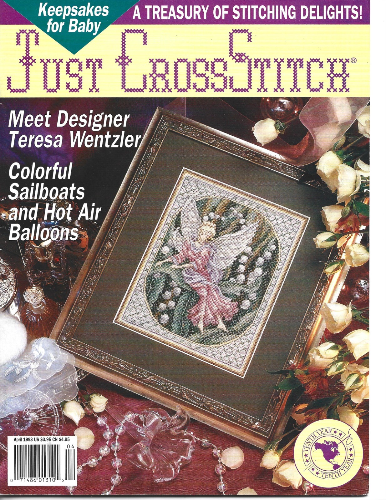 Just CrossStitch Magazine Apr1993 Keepsakes for Baby,Colorful Sailboats & More