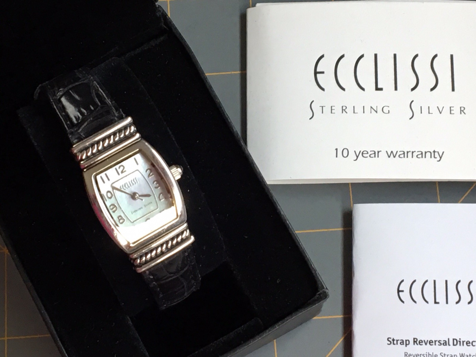 Ecclissi STERLING SILVER WATCH Mother Of Pearl Reversible Band Quartz w/ BOX EUC