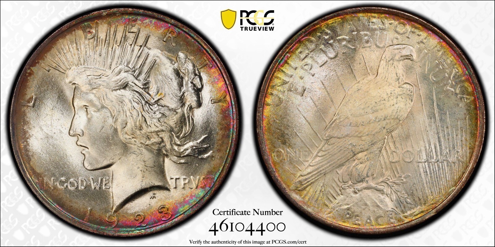 1923 PCGS MS63 Peace Silver Dollar Spectacular Rainbow Toning 46104400