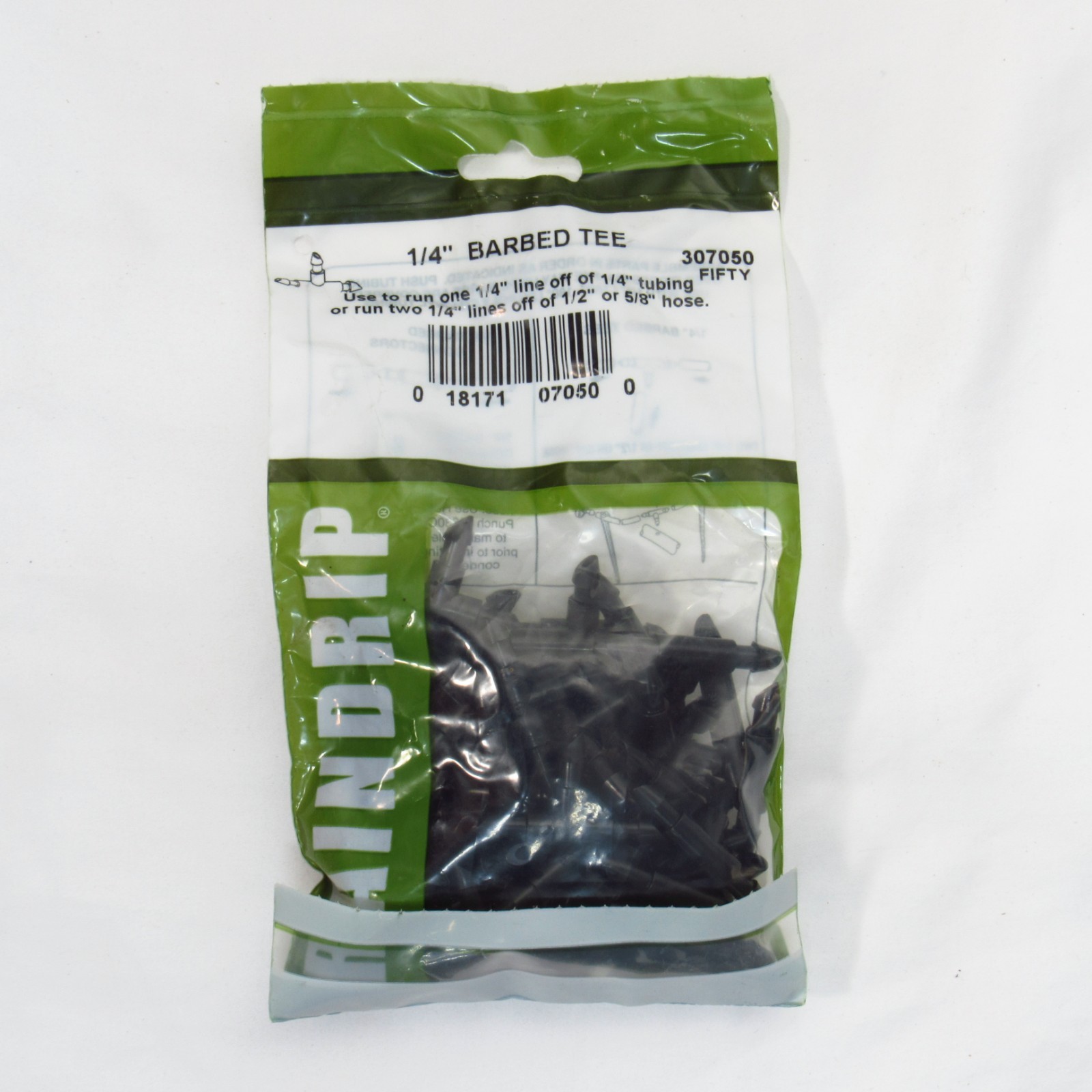 (2) Packages of 50, Raindrip Drip Irrigation 1/4" Barbed Tee Connector, 307050