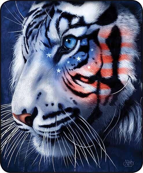 Queen Size Patriotic White Tiger American Flag Super Soft Faux Fur Plush Blanket