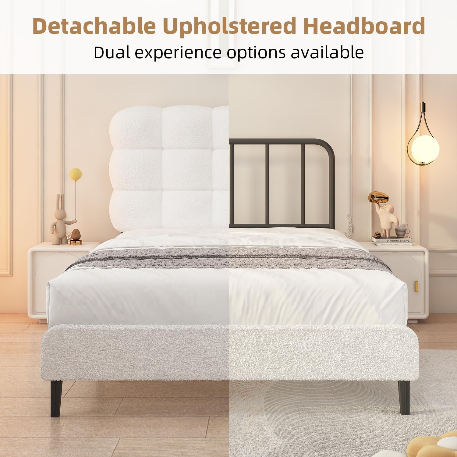 Twin Bed Frame Platform Bed with Tufted Upholstered Headboard Soft Boucle