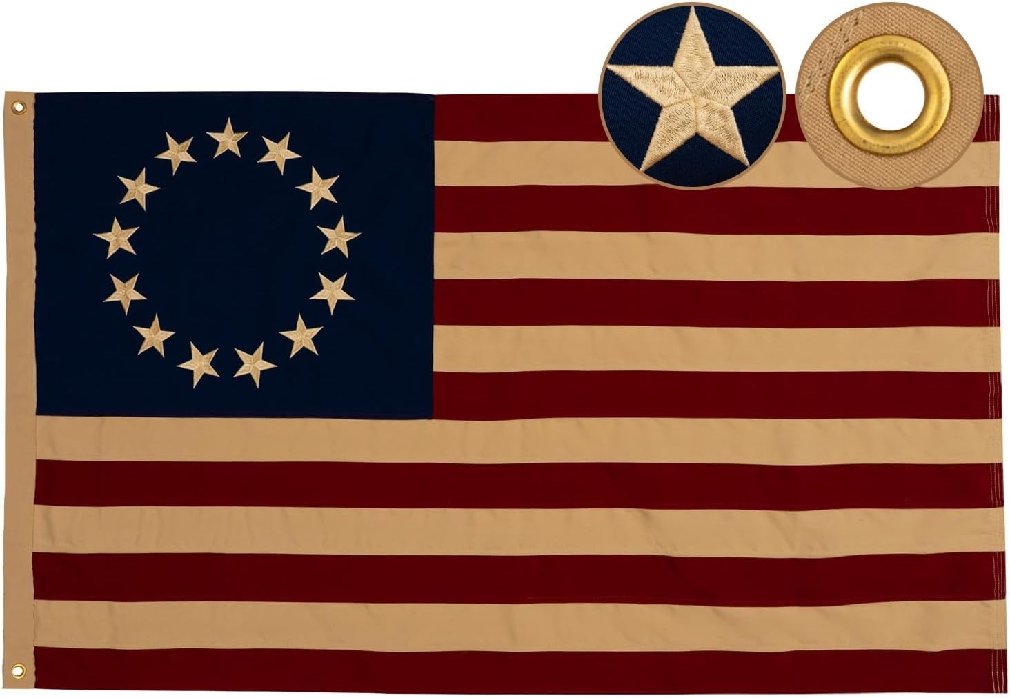 Cotton Vintage Betsy Ross Flag 3X5 Feet, Tea Stained Embroidery 13 Stars Colonia