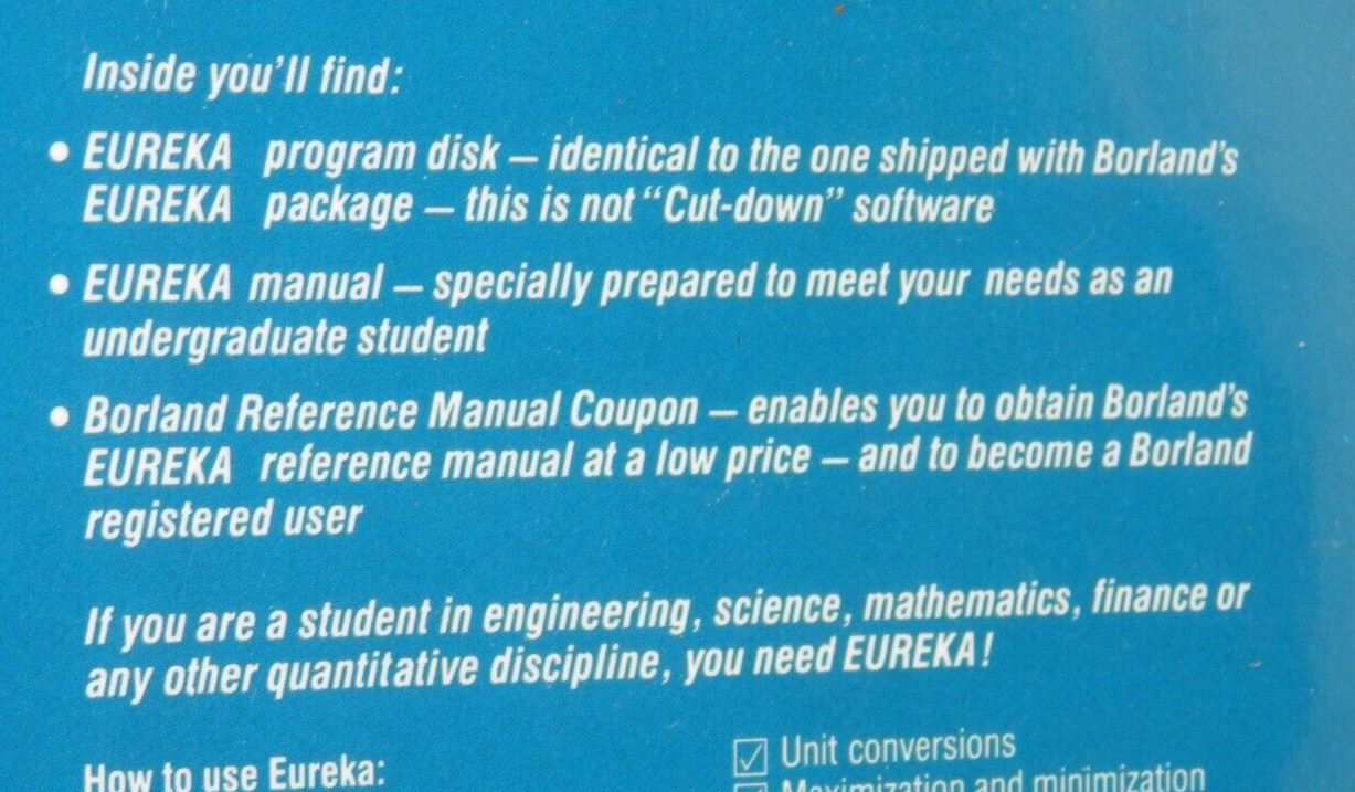 Borland EUREKA Vintage IBM Software • Disk & Manual Equation Solver 1986 SEALED