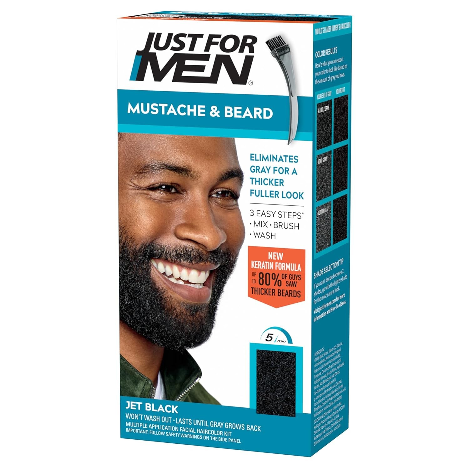 Just For Men MUSTACHE & BEARD FACIAL HAIR COLOR GEL JET BLACK M-60 BRUSH-IN