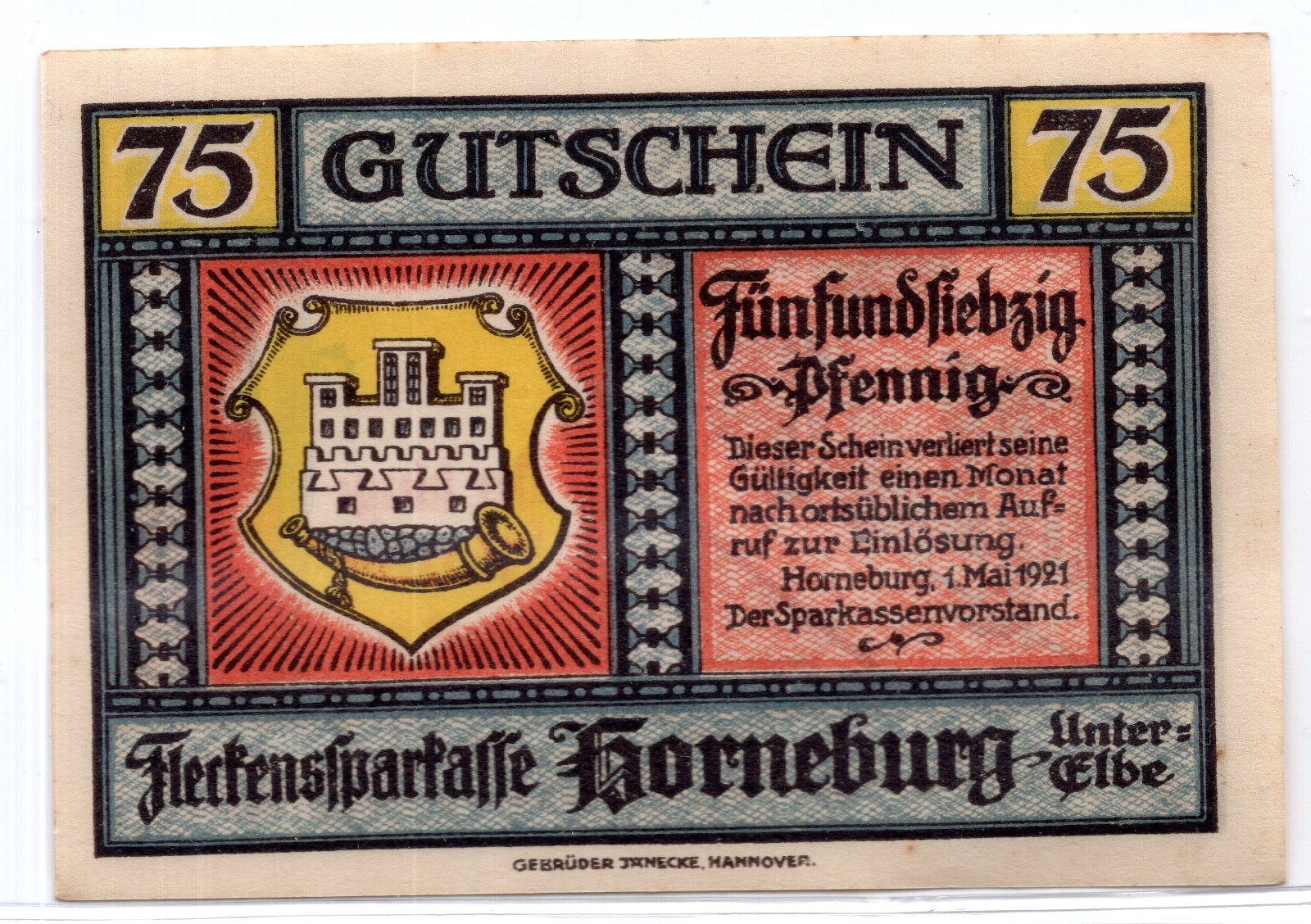 1921 Germany Horneburg Notgeld 75 Pfennig Note (2031)