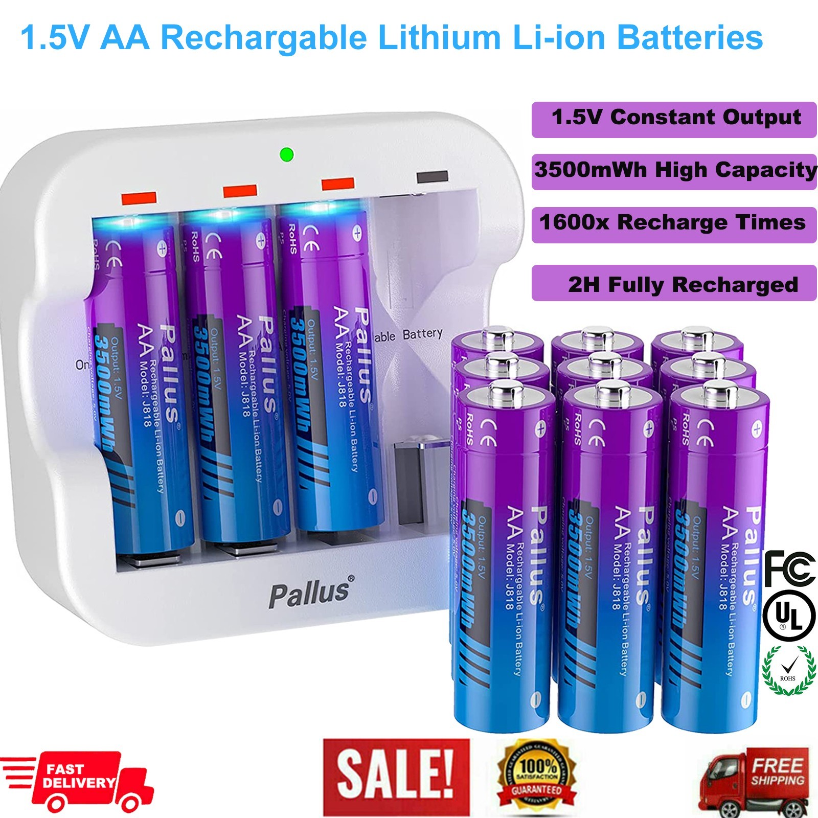 Pallus 1.5V AA Rechargeable Lithium Batteries Lot,3500mWh,Max 3A Discharge