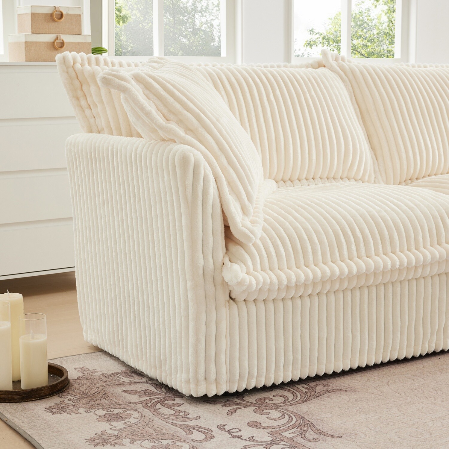 Single Sofa Corduroy Upholstered Armchair Living Room Furniture w/ Pillows Cream