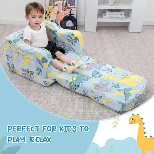 Comfy Toddler Chair and Couch for Kids with Blanket,2-in-1 Soft Plush Green