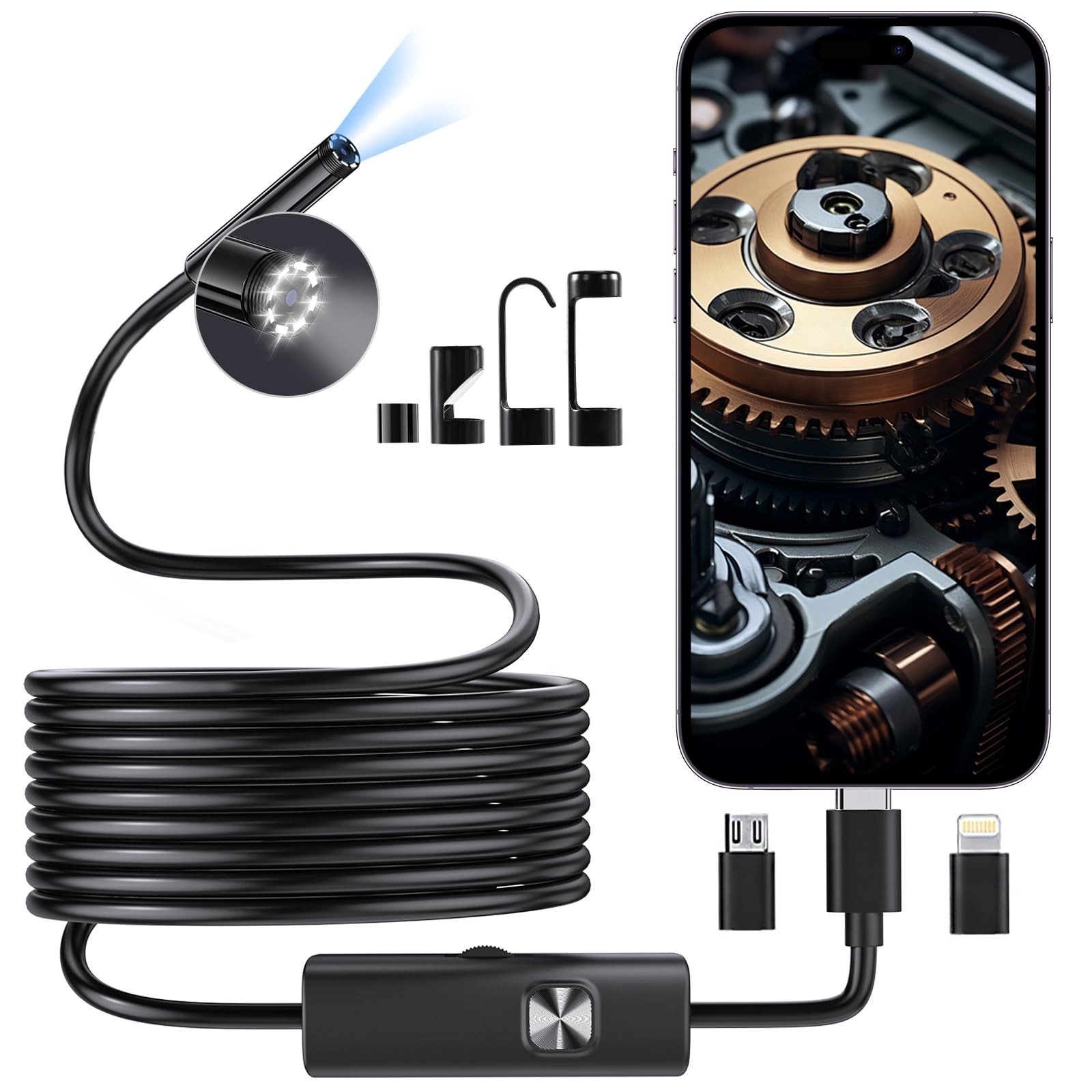 1920P HD Endoscope Camera with Dimmable LED Light, 16.4ft Waterproof Borescope