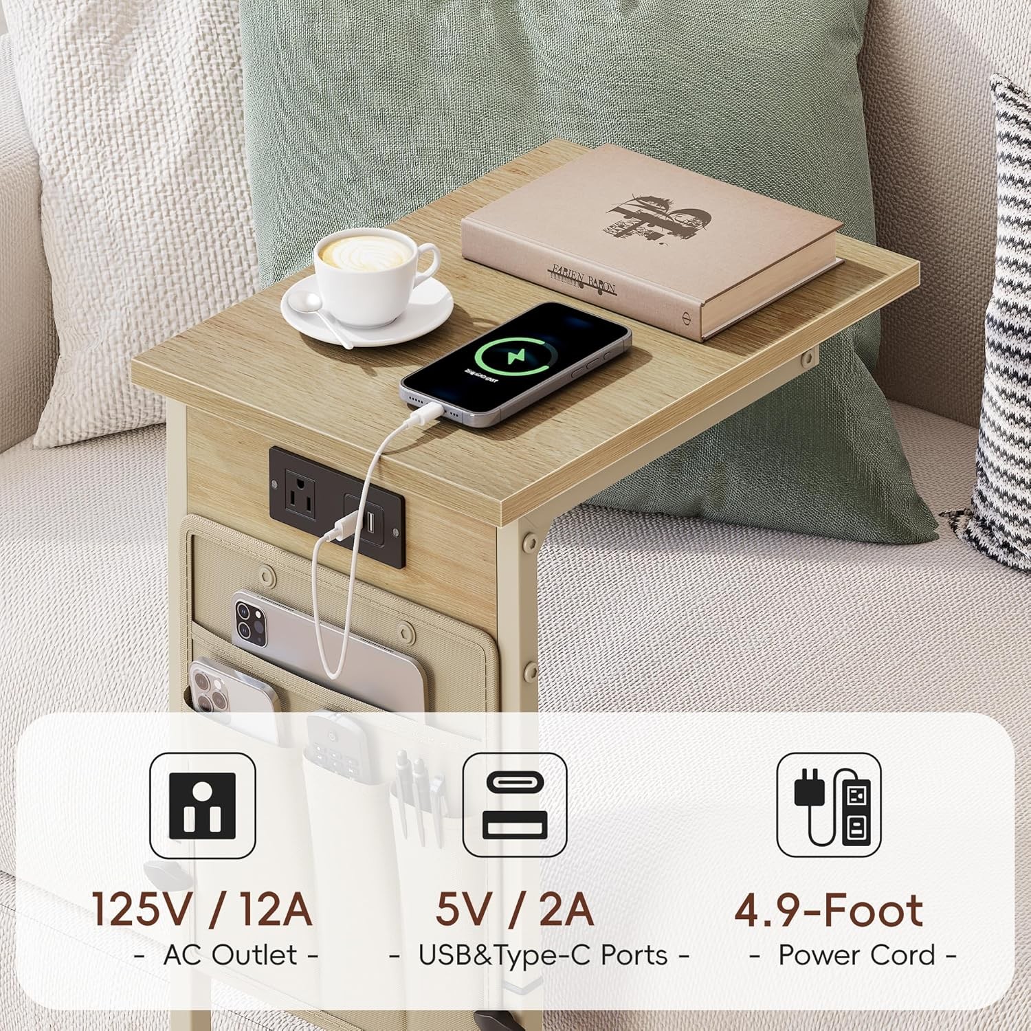 C Shaped End Table W/ Charging Station Adjustable Height C Table End Table Small