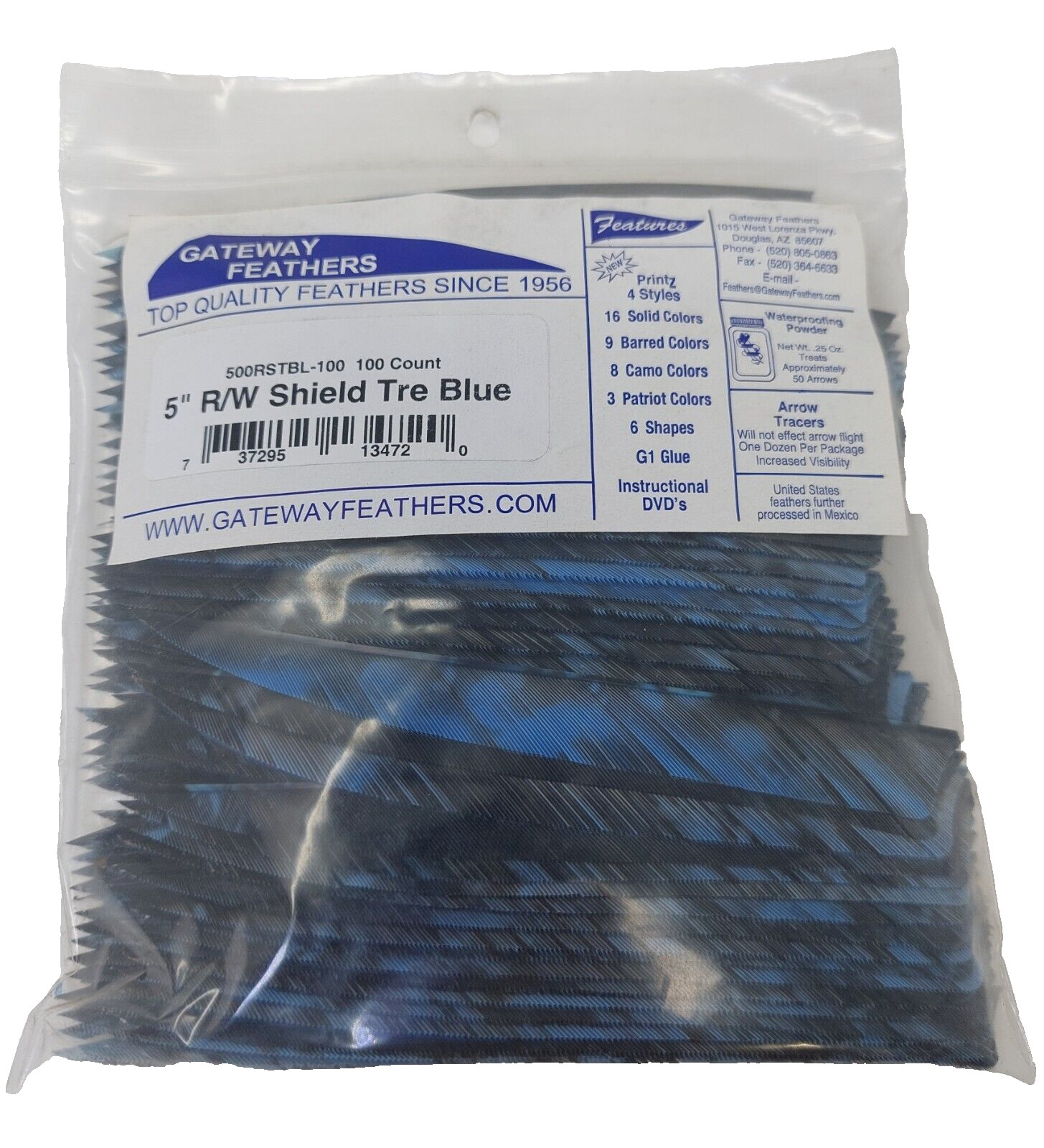 100 Pack Gateway Feathers 5" Right Wing: Shield Camo Tre Blue 500RSTBL-100