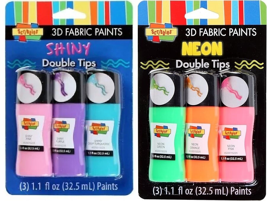Lot 2 Fabric Paint 1 NEON 1 SHINY 3D Scribbles 6 Double Tips Clothing Art Craft