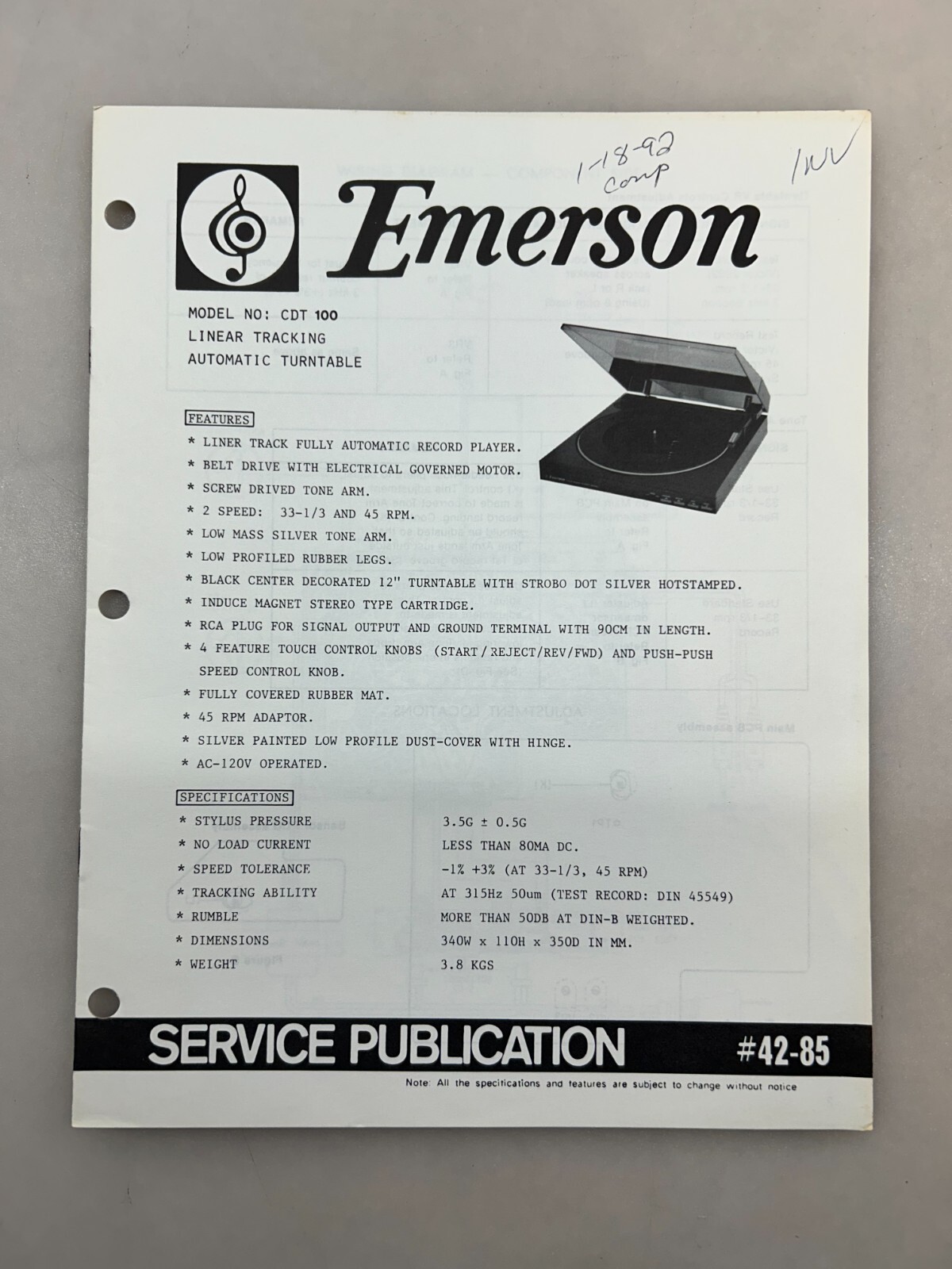 Emerson CDT 100 Original Service Manual Free Shipping