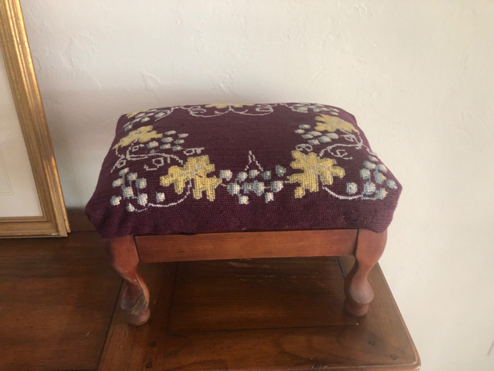 Antique Foot Stool Needlepoint Grapes & Leaf on Plum Background Wool 10" Tall