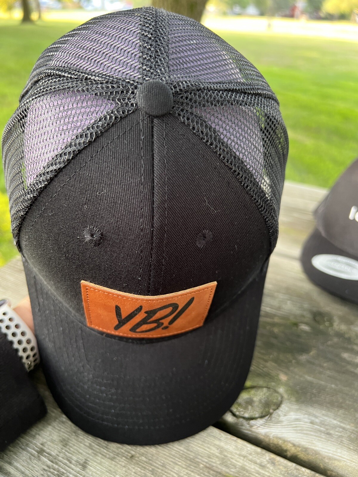 YB Leather Patch Yeah Buddy Black Trucker Hat Snapback EUC