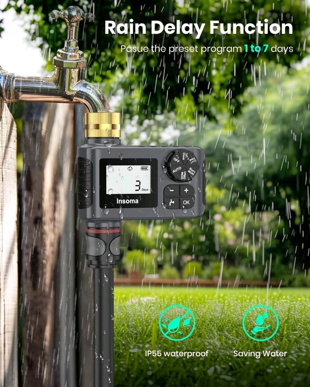 Sprinkler Timer with Brass Inlet and Outlet, Programmable Water Timer for Out...