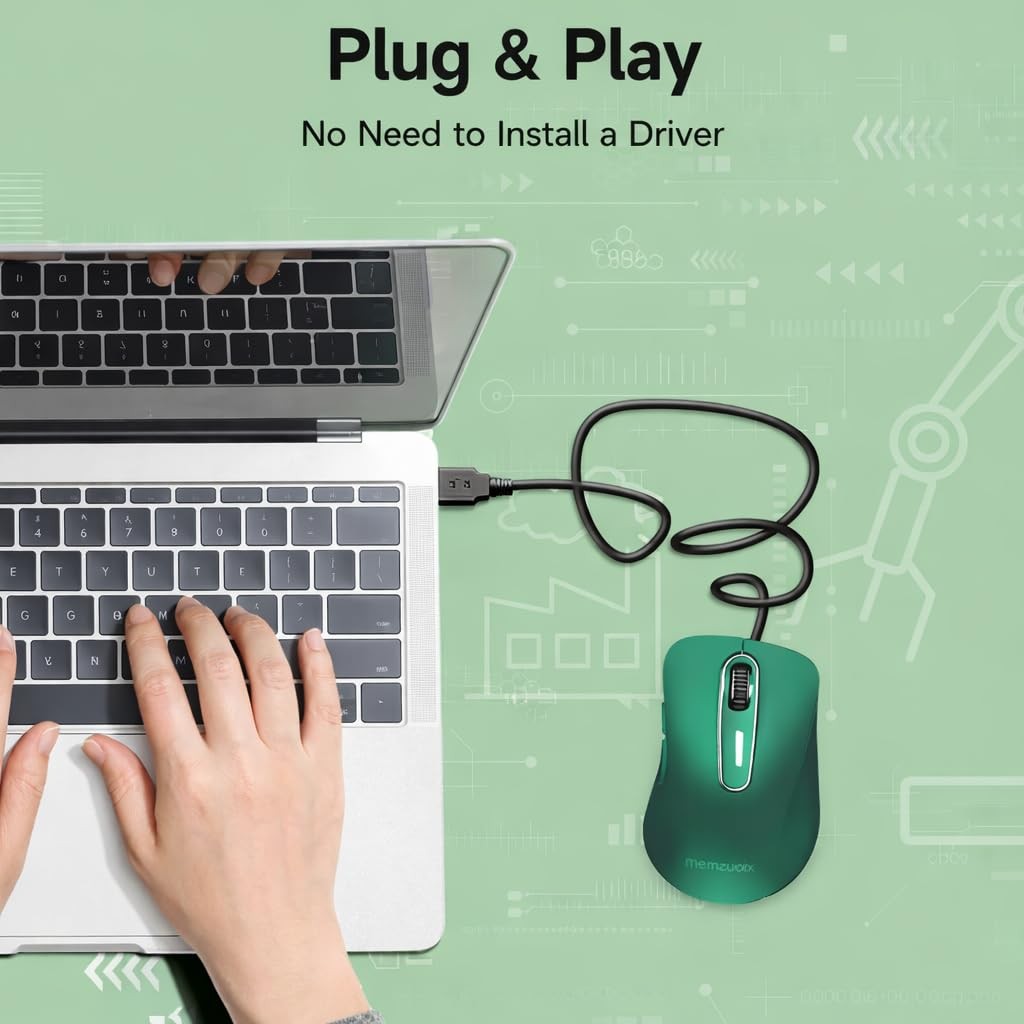 Wired USB Computer Mouse 1400 DPI Optical Ergonomic 5 Ft Cord Dark Green