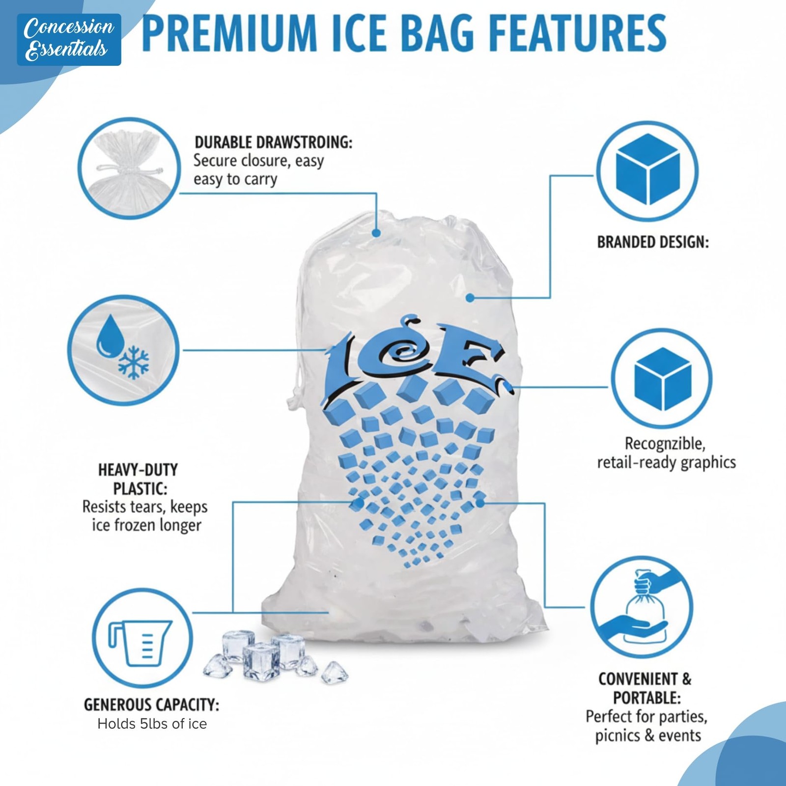 Ice Bags with Drawstring and Cotton Handle, 5 lb Capacity, 100 Count