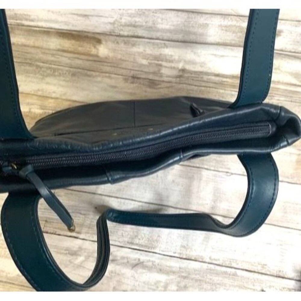 Stone Mountain Dark Teal Leather Studded Shoulder & Zipper Closure