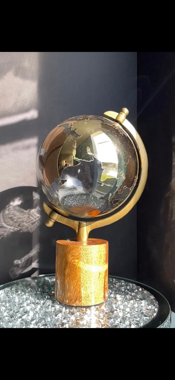 15 in. Gold Wood Decorative Globe with Brown Base