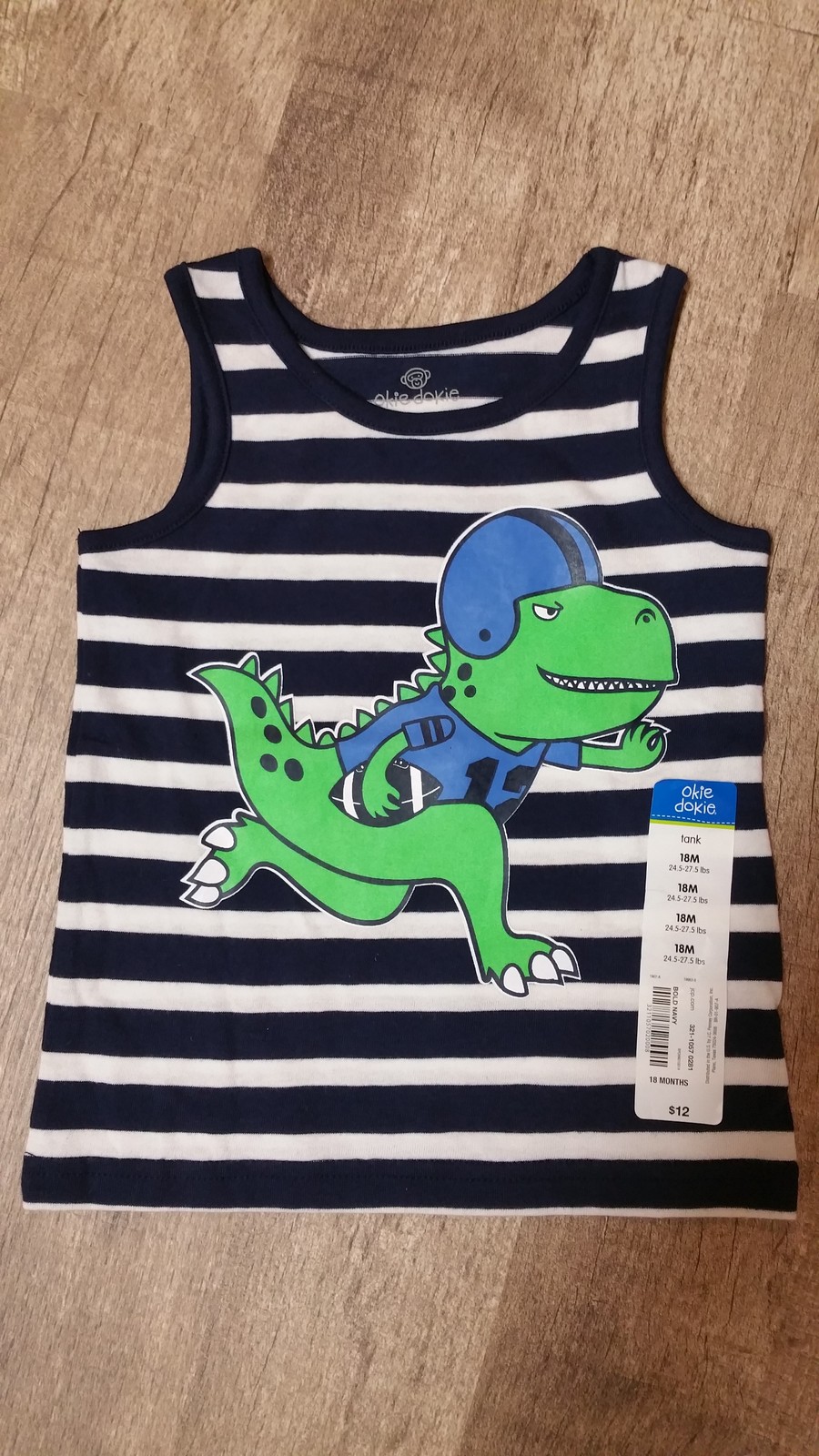 Okie Dokie Football Dinosaur Dino Blue White Stripes Tank Top Shirt 18 Months