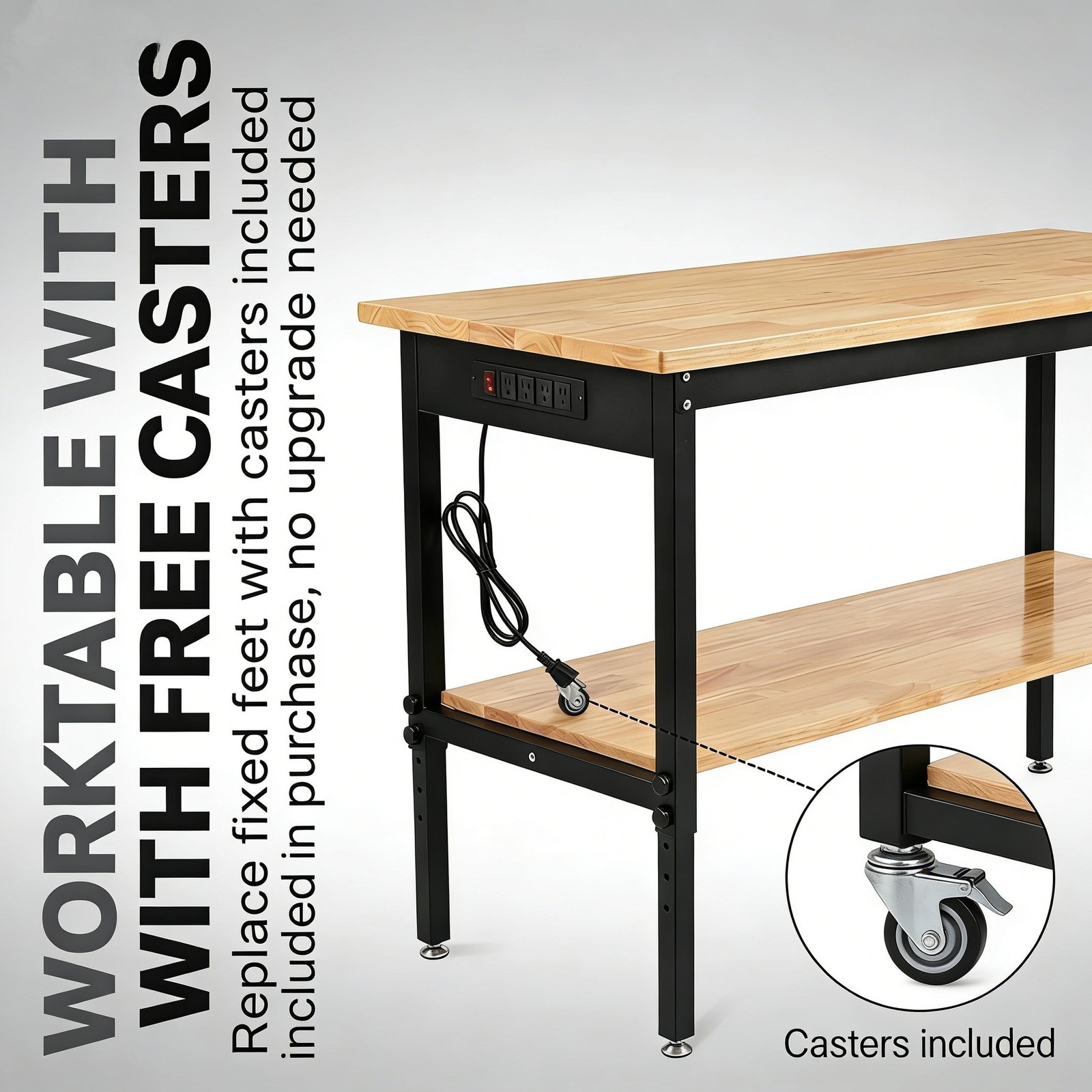Heavy Duty Mobile Workbench w/Wheels, Outlets, 2500LBS Capacity
