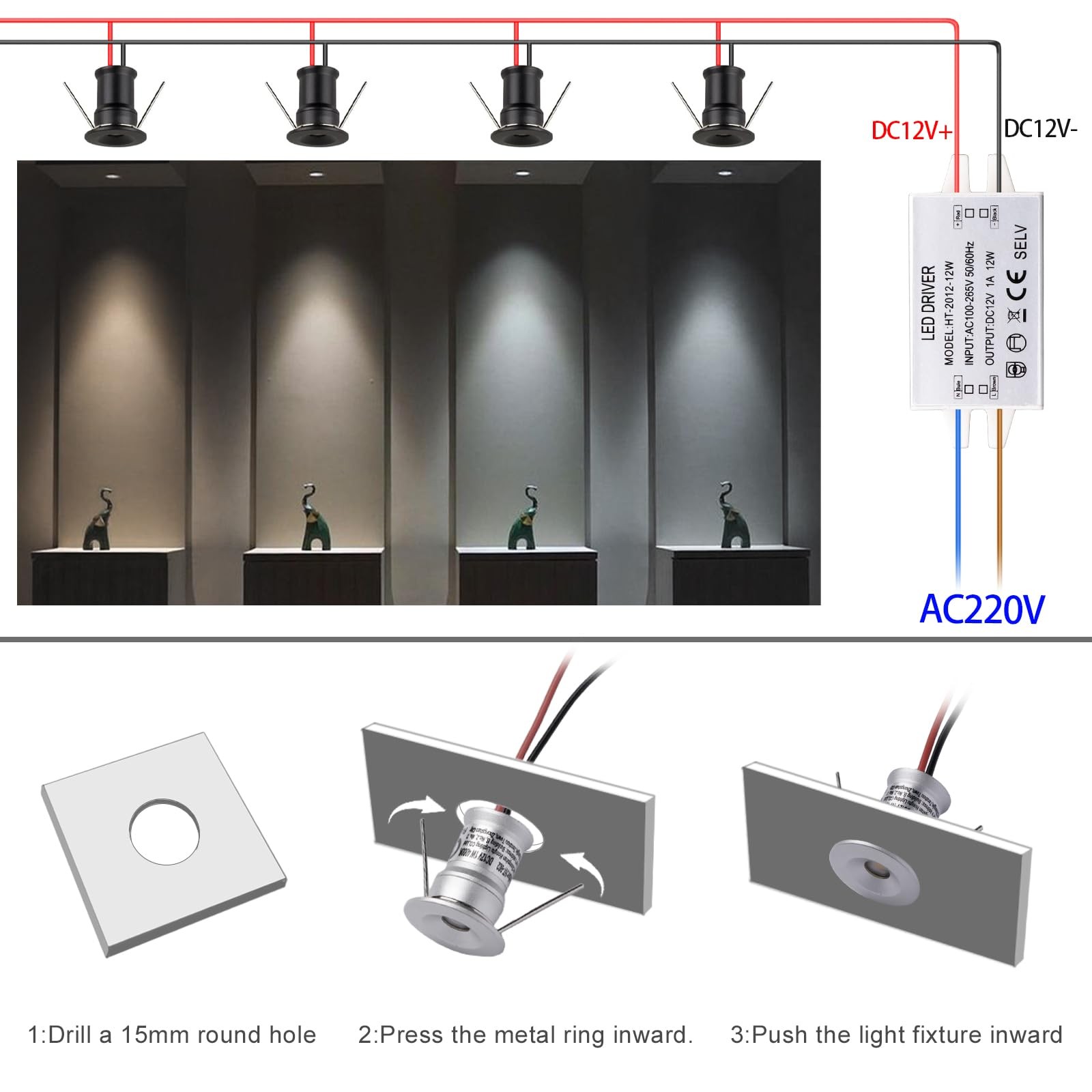 9 Pack Black 902 Mini LED Spotlight DC12V 1W 3000K Embedded Cabinet Light