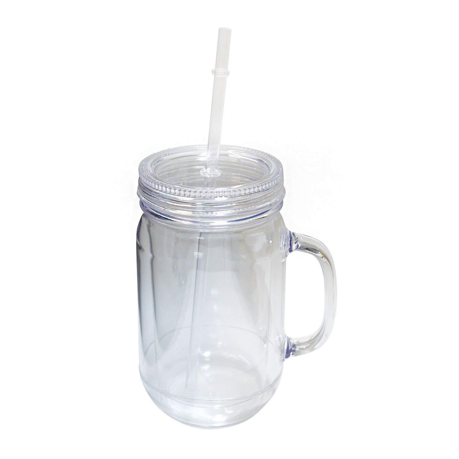 100% BPA 20 Oz Mason Jar Doubled wall Acrylic Cup W/ Straw Tumbler Mug w Handle