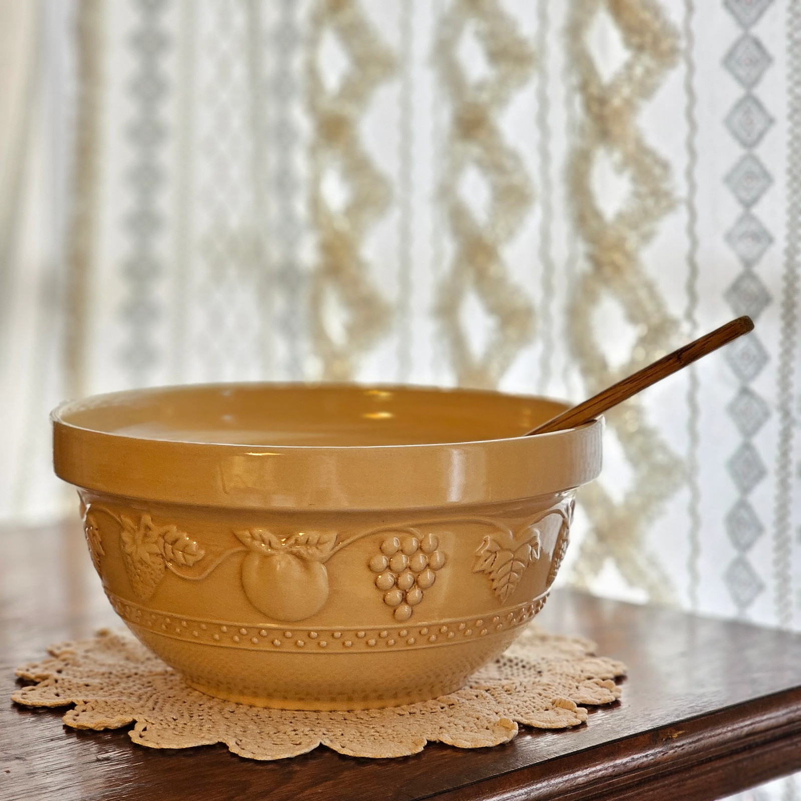 11.5" Antique Yellow Embossed Fruit Design Stoneware Mixing Bowl