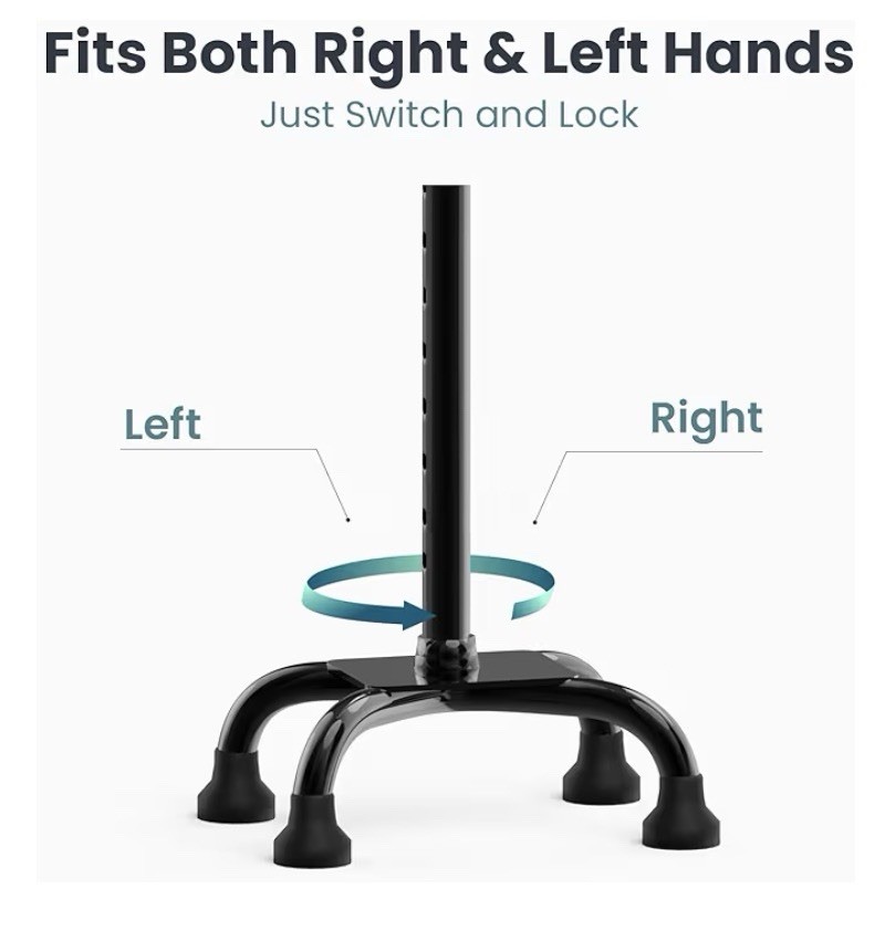 Pelegon Quad Cane Adjustable Height Lightweight Sturdy Black 300 lb