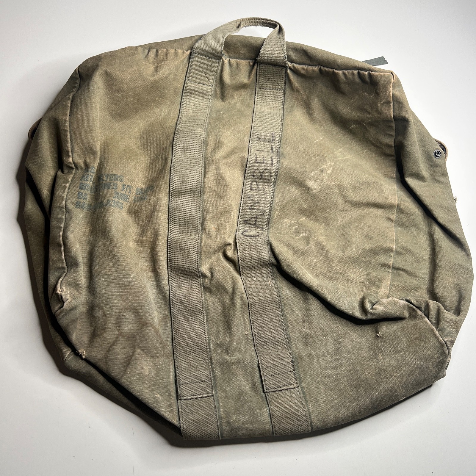 80s Vintage US Army Military Canvas Duffel Bag OD Green 1988 flyers kit bag