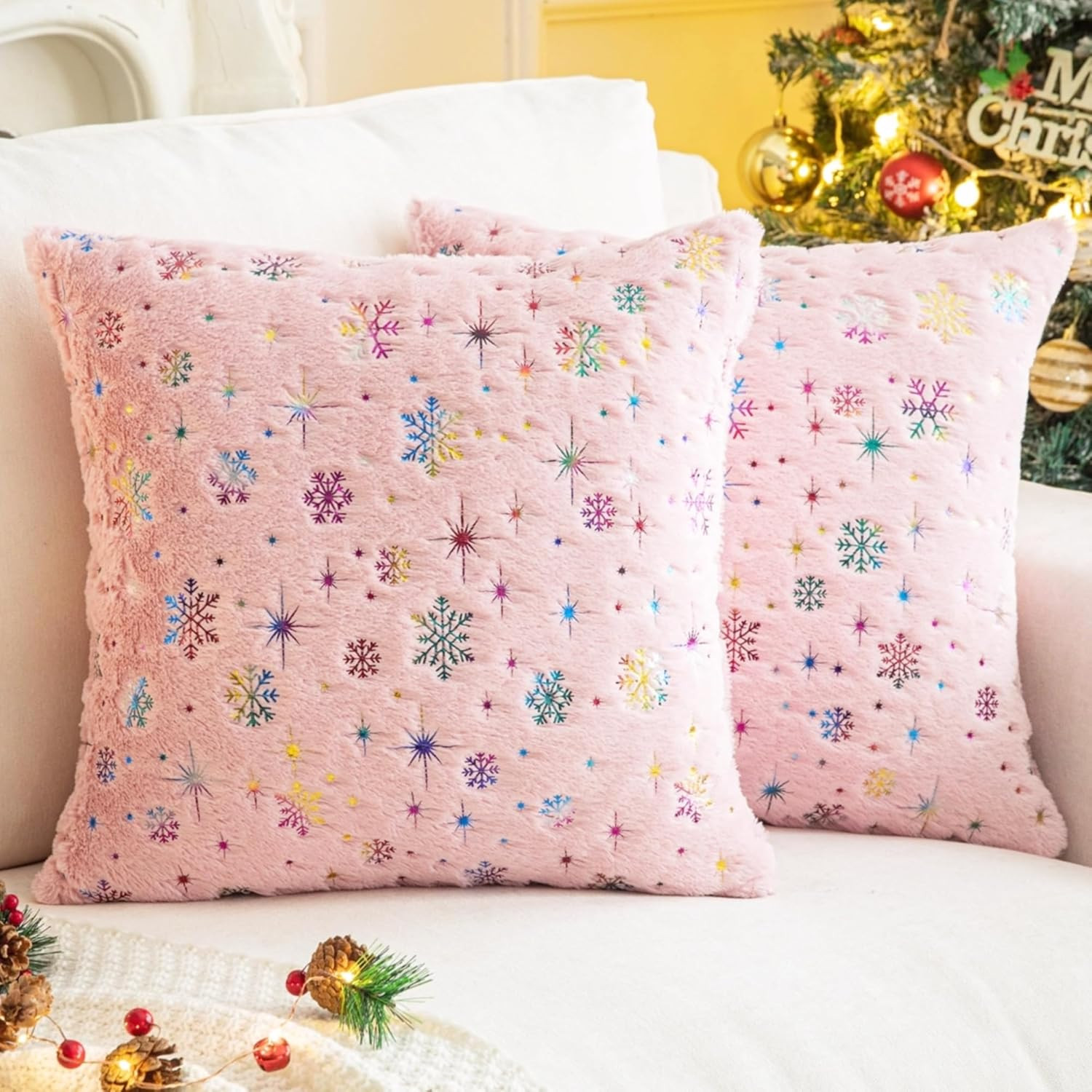 Soft Faux Fur Fuzzy Cute Decorative Throw 18" x 18" (Pack of 2) Colorful Pink
