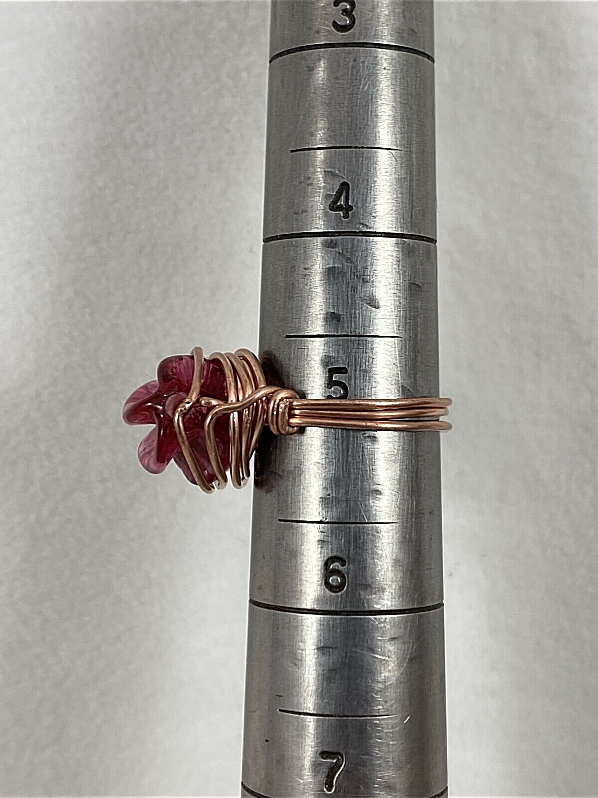 Handmade ~ Copper Wire Wrap ~ Pink Tones Glass Bead Ring ~ Size 5 #163