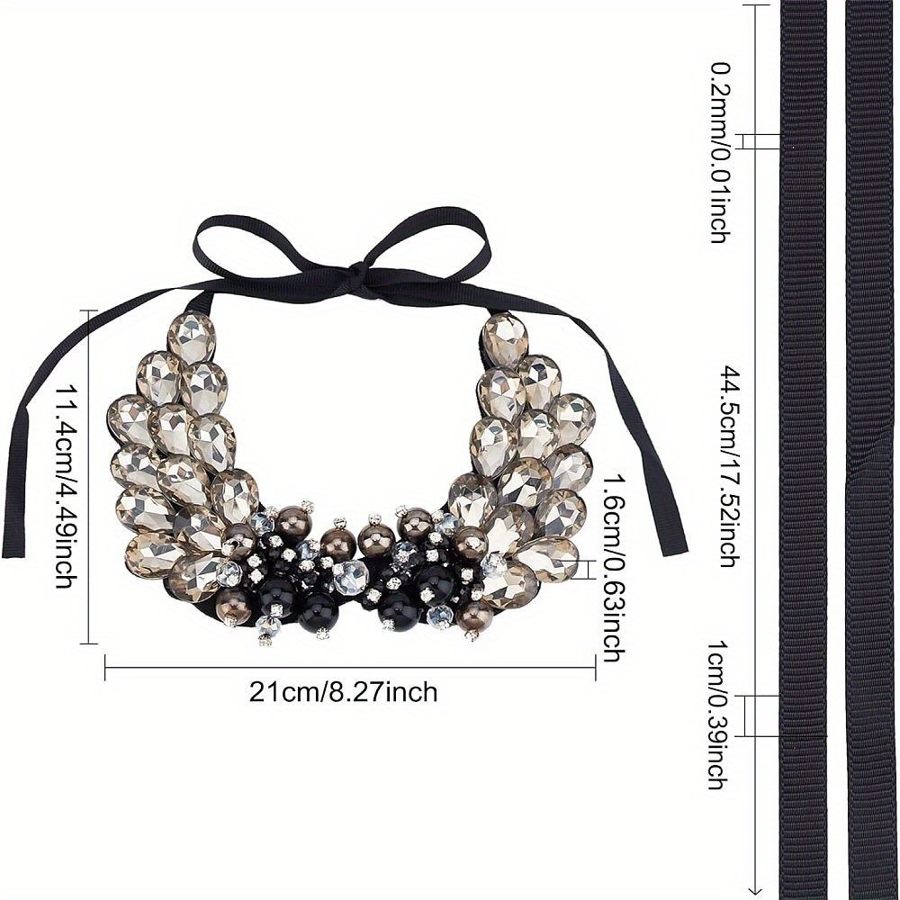 1set Vintage Black & Rhinestone Layers Bib Fake Stand Collar with Faux Pearl &