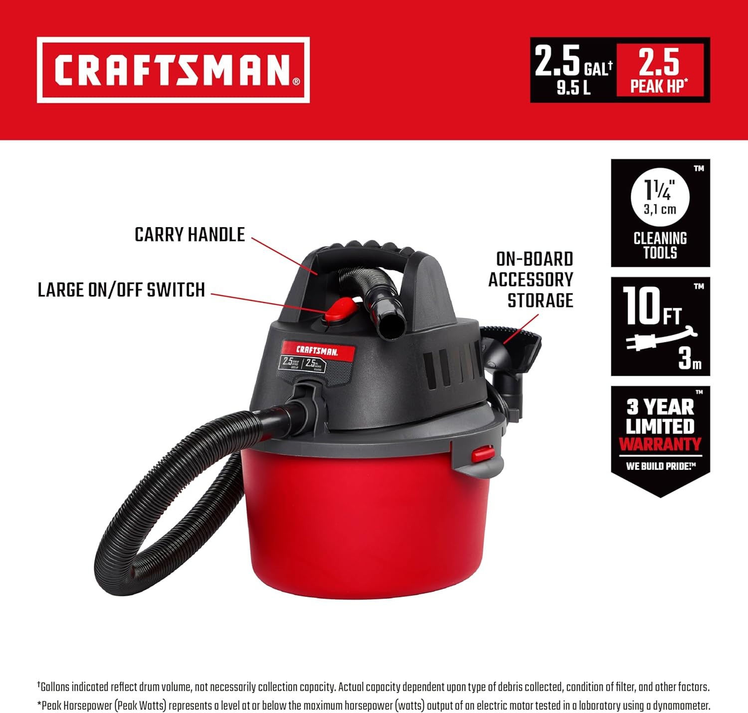 CRAFTSMAN 2.5 Gallon 2.5 Peak HP Wet/Dry Vac, for Cleaning in the Home，Shop