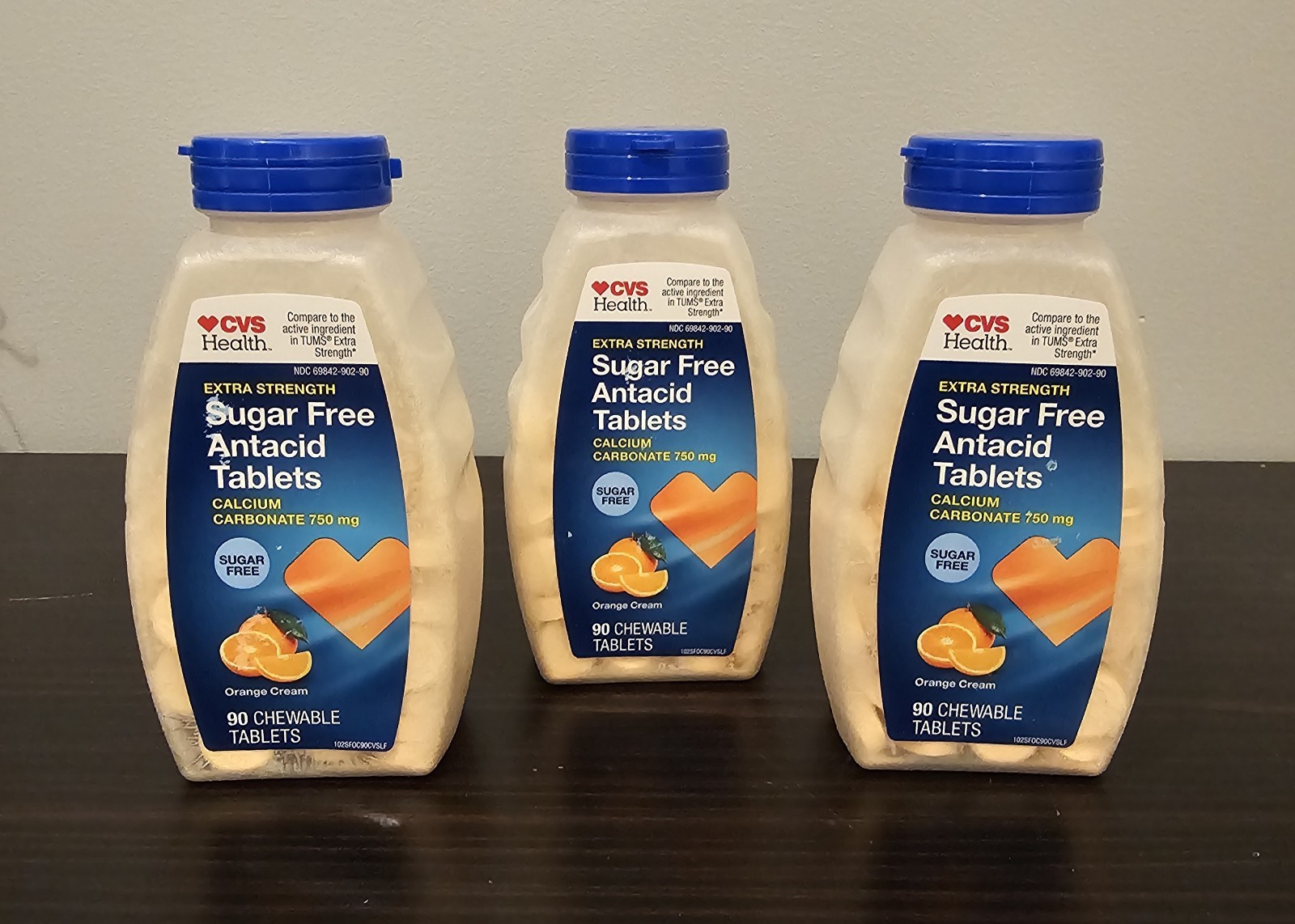 CVS Health SugarFree Antacid 90 Each Chewable Orange Cream 3-pack BB 7/2027