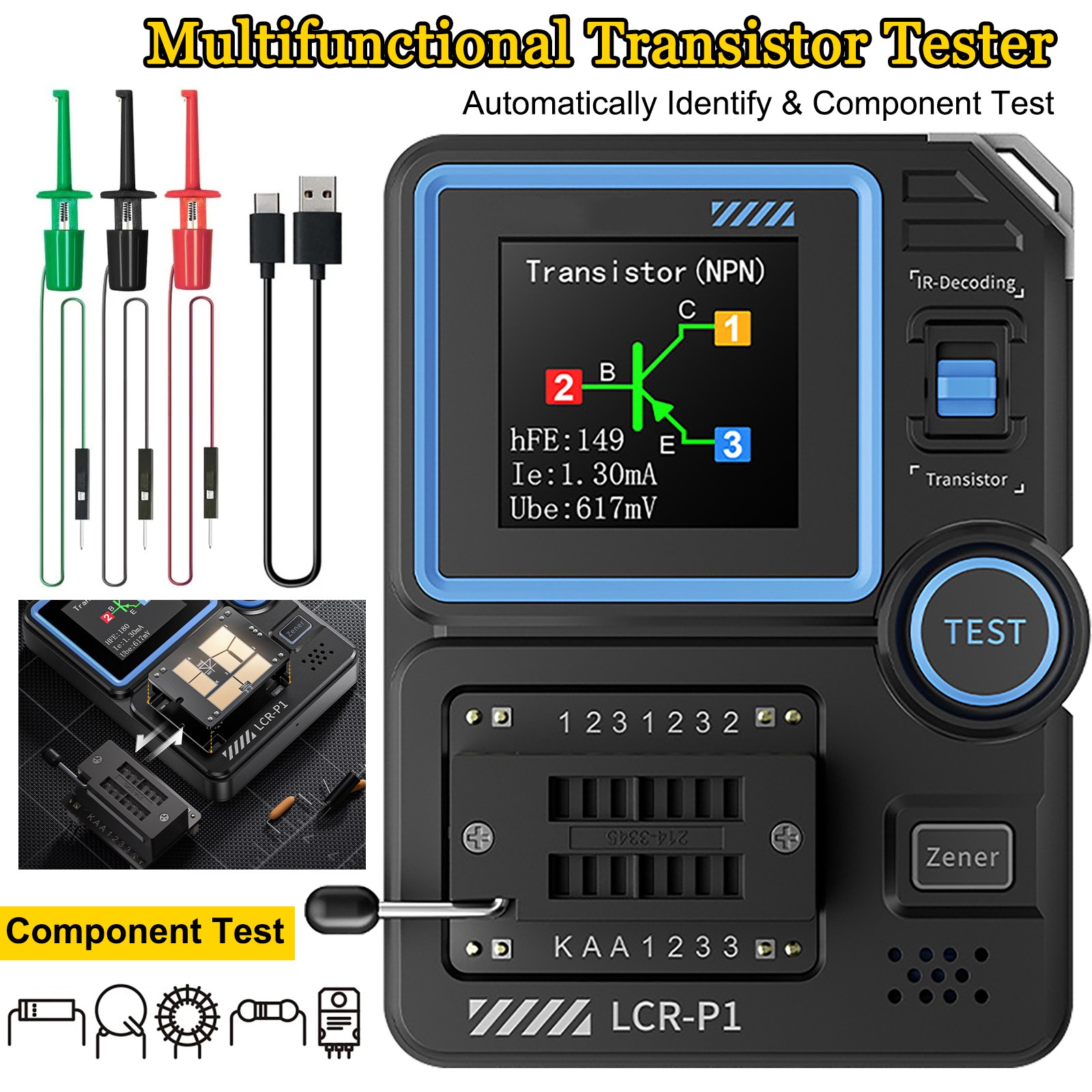 LCR-P1 Transistor Tester Multifunction Diode Triode MOSFET NPN PNP SMD ESR Meter