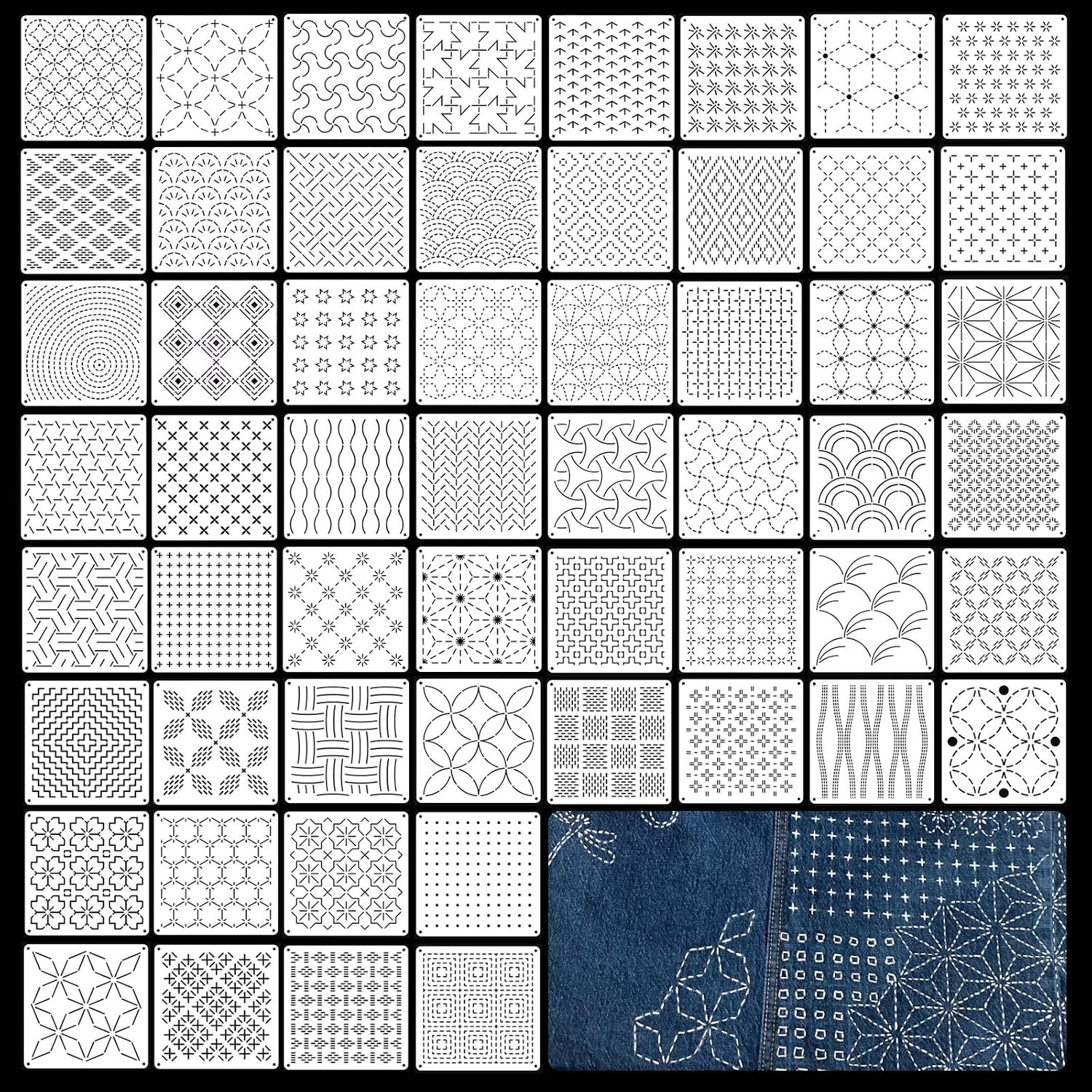 56 Piece Sashiko Stencil Kit 5.1 X 5.1 Inch PET Templates | Reusable Plastic Sas