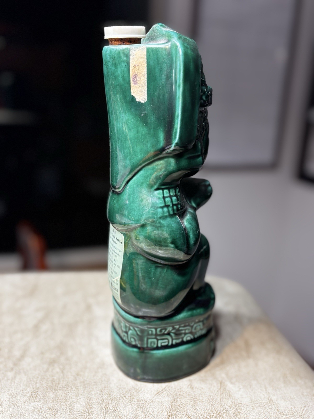 Vintage Kahlua Mayan Aztec Figural Ceramic Decanter Green Mexico Empty 757cc