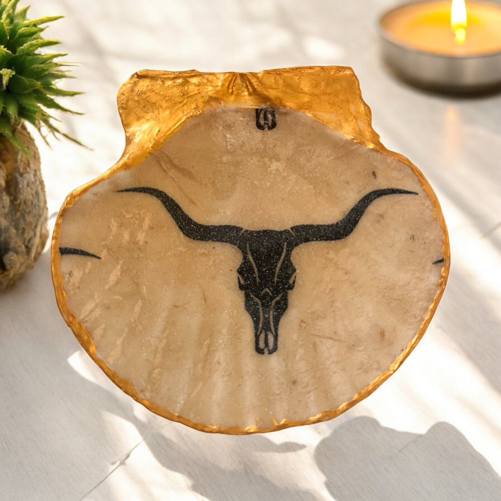 Handmade Decoupage Scallop Shell Trinket Dish Longhorn Skull