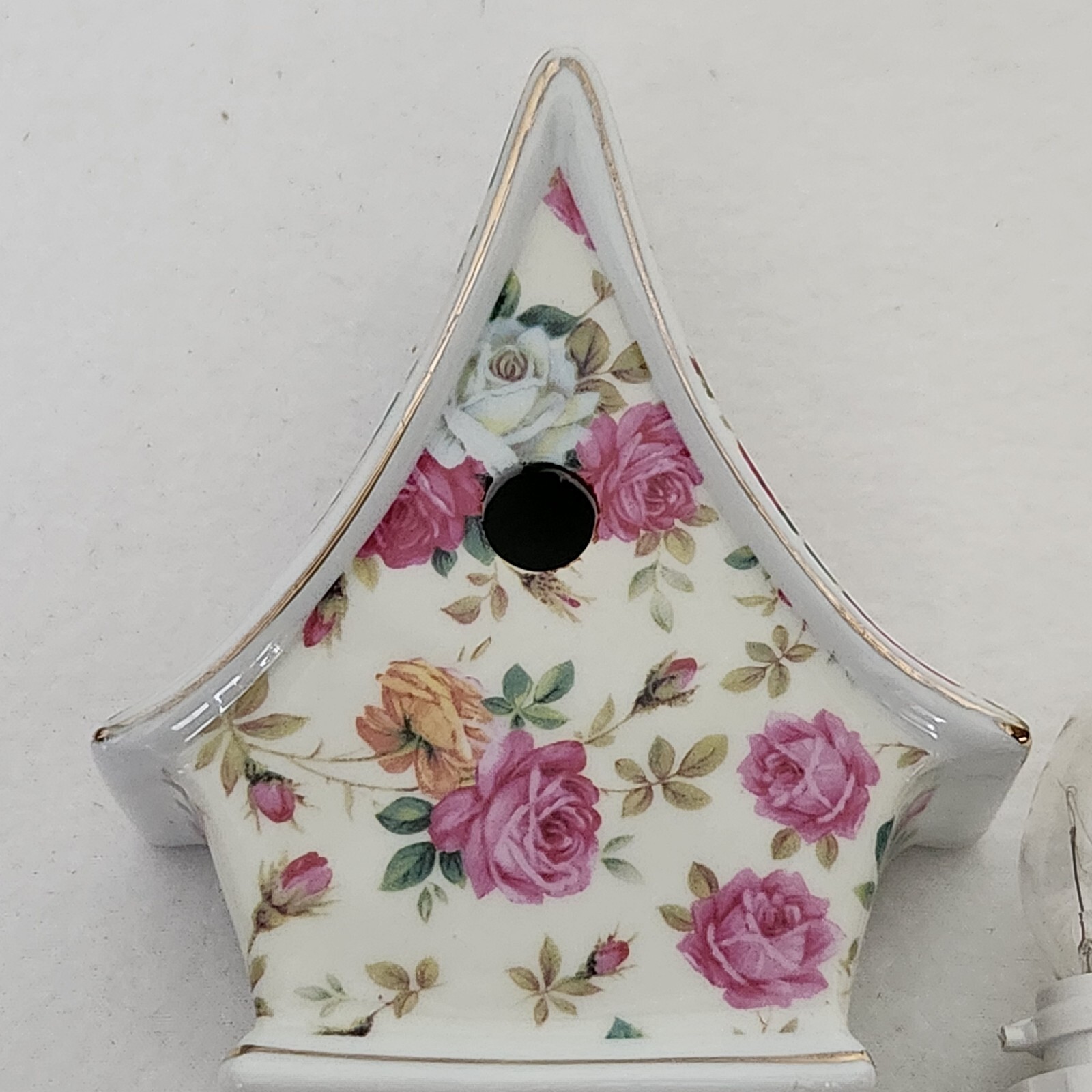 Ceramic Pink Chintz Roses White Birdhouse Electric Nightlight Victorian Chic