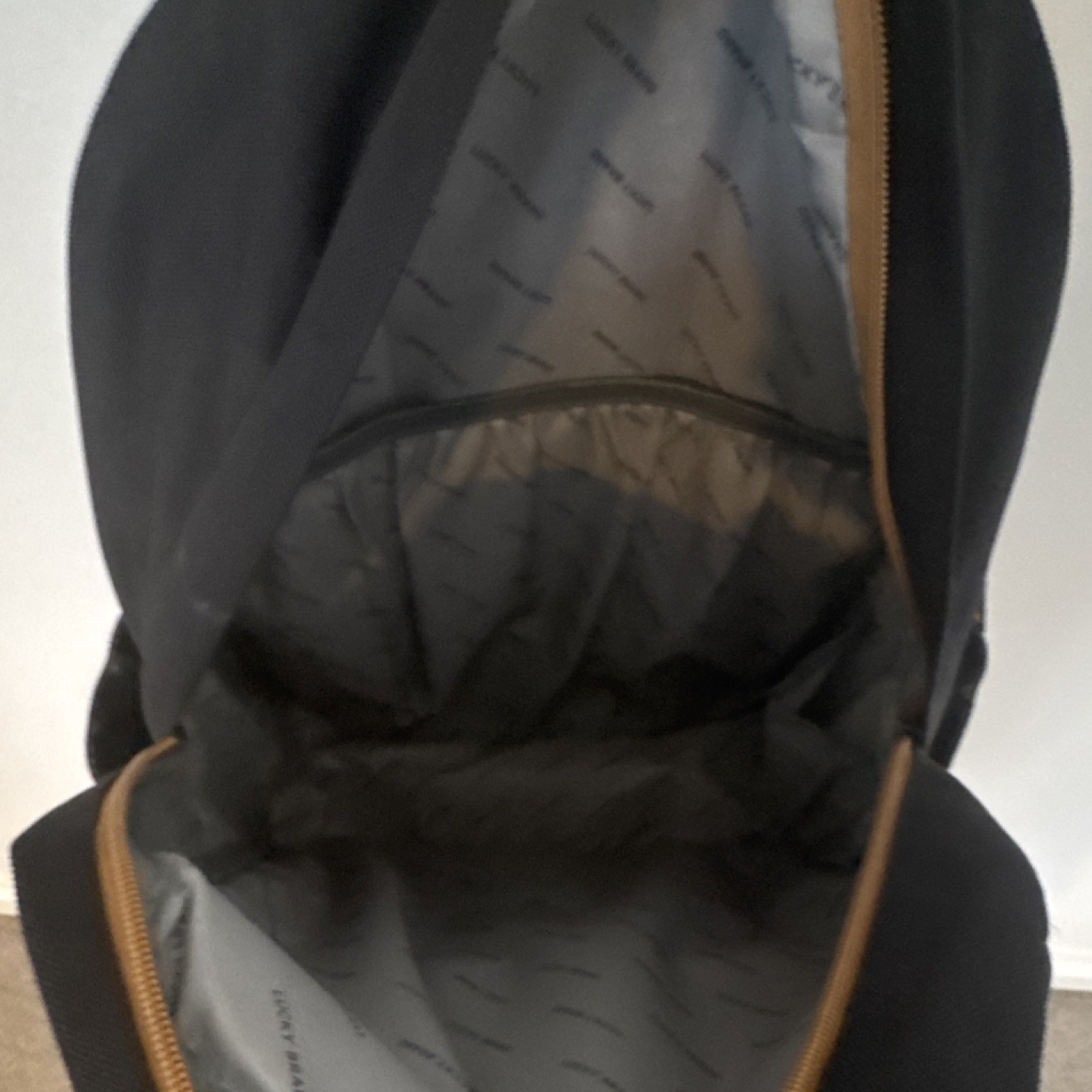 Lucky Brand Black Brown Canvas Hiking Backpack Patch Logo Adjustable Straps
