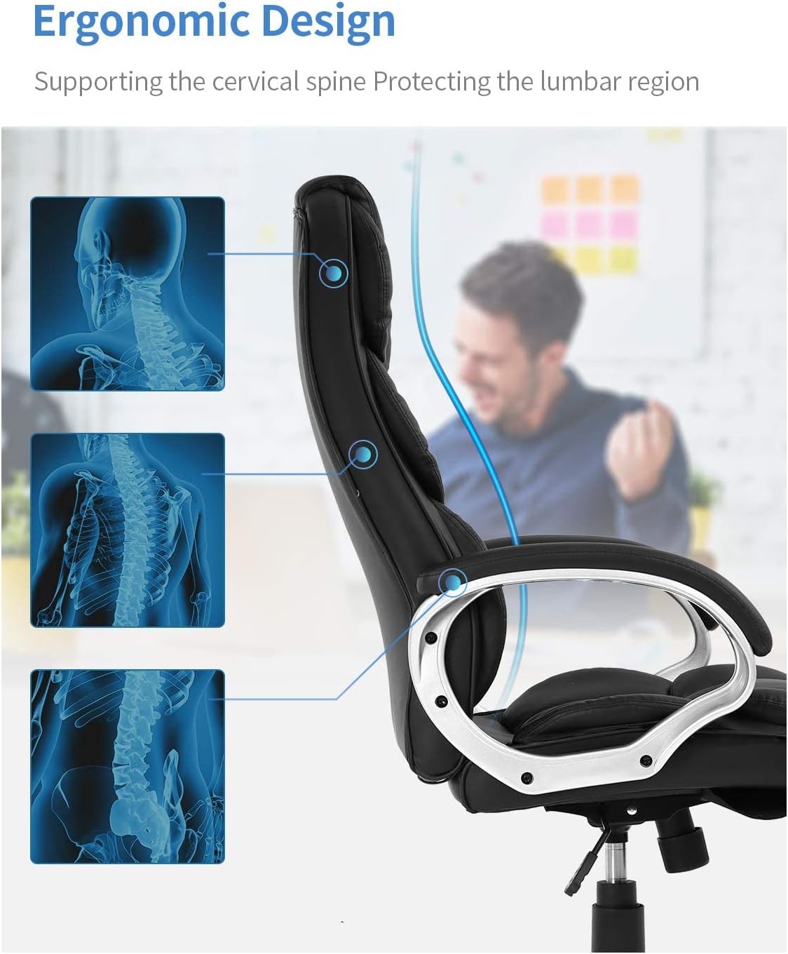 High Back Ergonomic Office Chair PU Leather Adjustable Swivel Task Chair Black